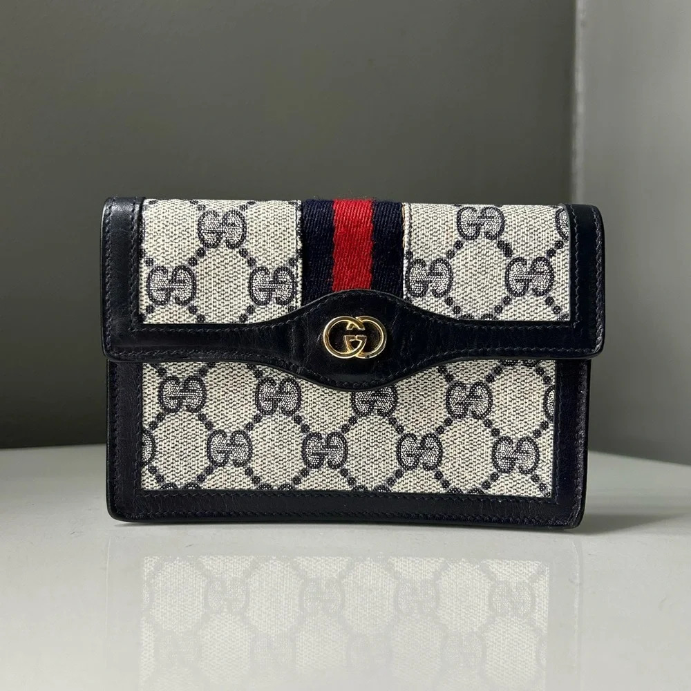 Gucci Web Navy Sherry Line GG Coated Canvas Clutch